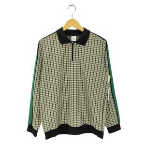 ZARA Regular Fit Check Knit Zip Polo Shirt Beige Black Green S